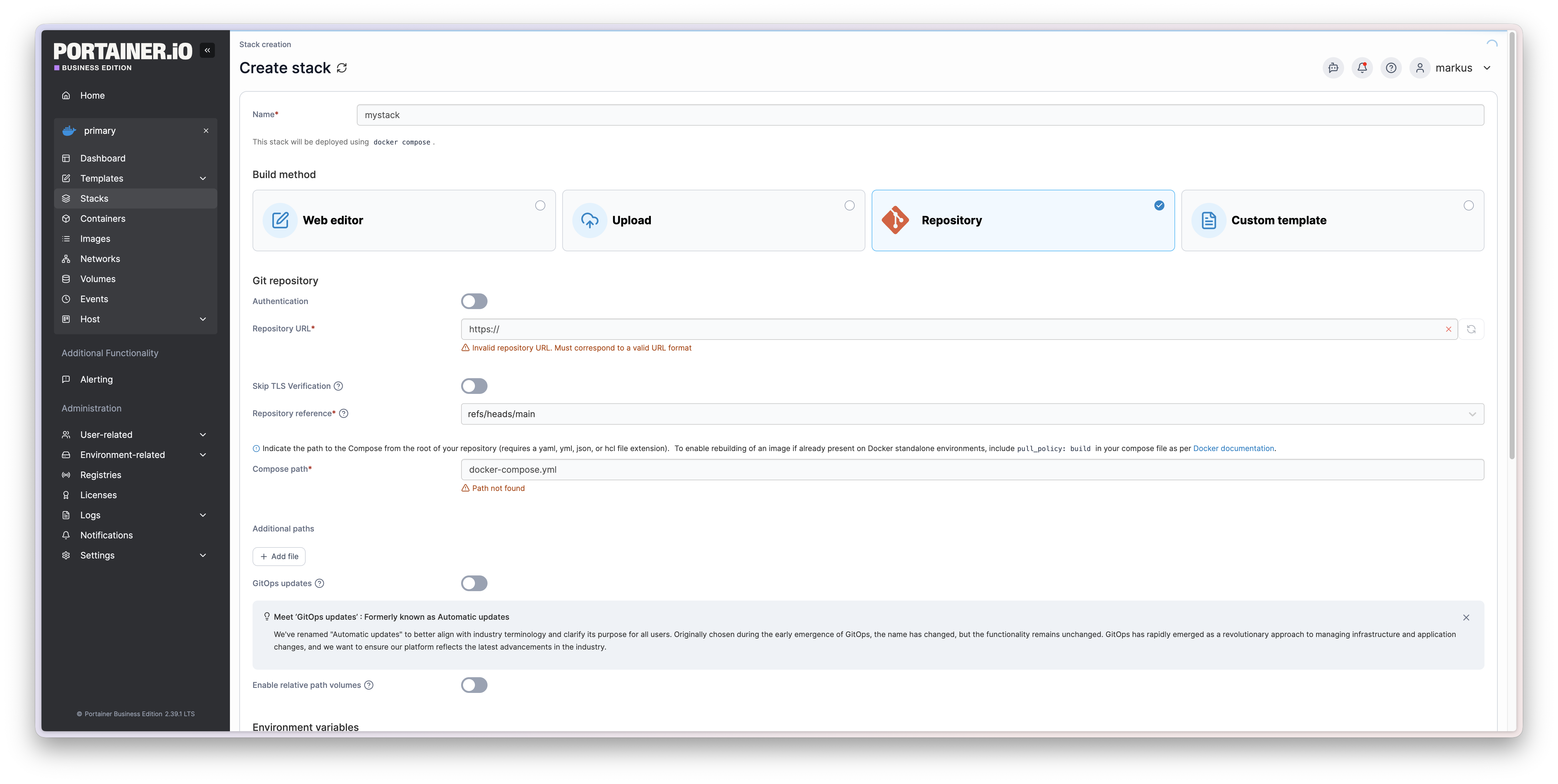 Portainer – Stack aus Repository erstellen